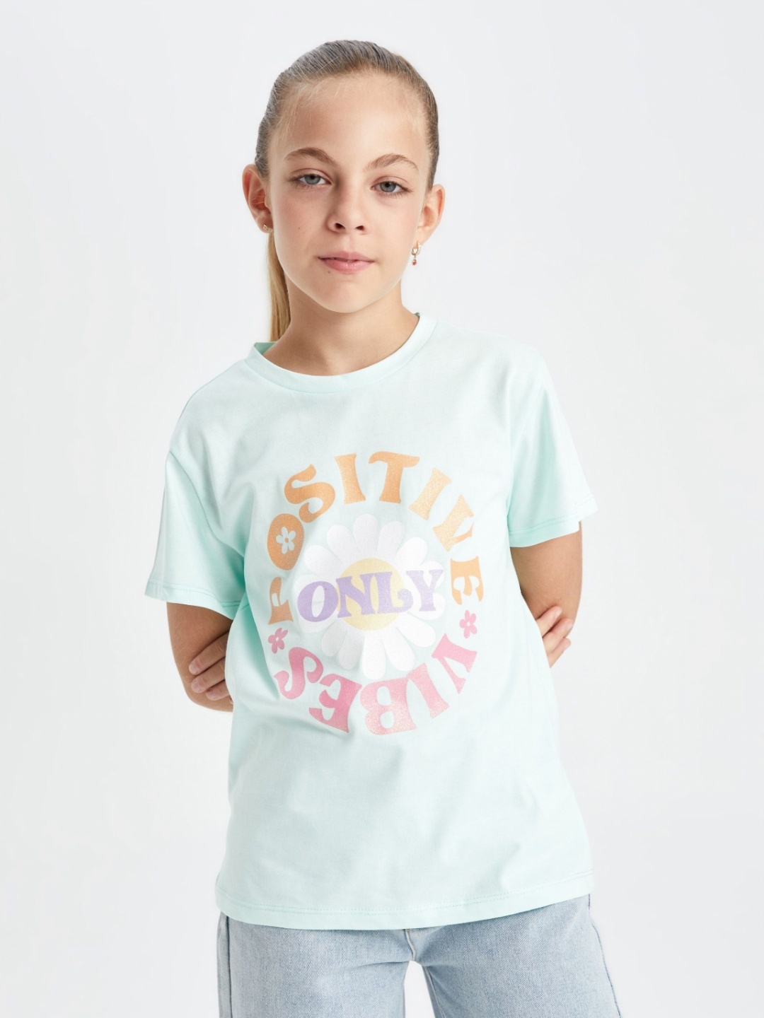 

DeFacto Girls Printed Extended Sleeves Raw Edge T-shirt, Na