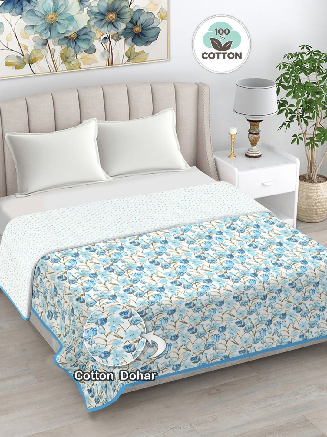 

FABINALIV Blue & White Floral AC Room 300 GSM Cotton Double Bed Dohar