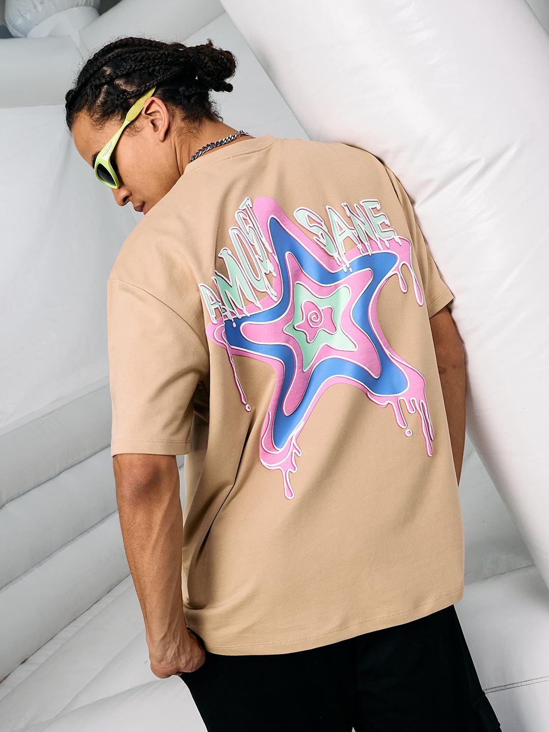 

ALMOST SANE Men Graphic Printed Round Neck Cotton Oversized T-shirt, Beige