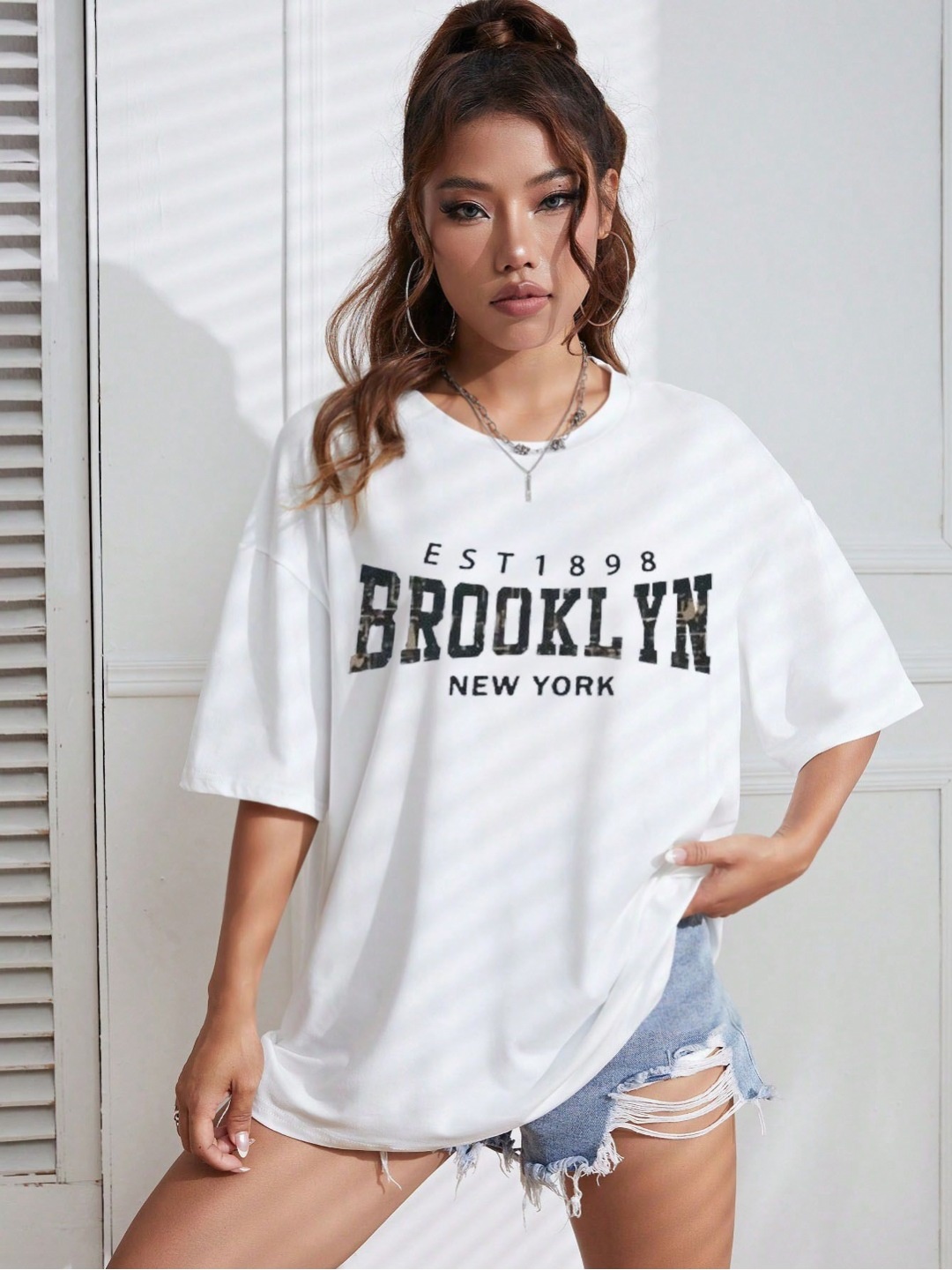 

REVEXO Women Typography Printed Round Neck Cotton Oversized T-shirt, White