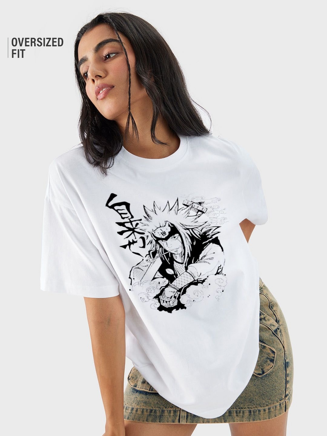 

REVEXO Women Printed Round Neck Cotton Oversized T-shirt, White