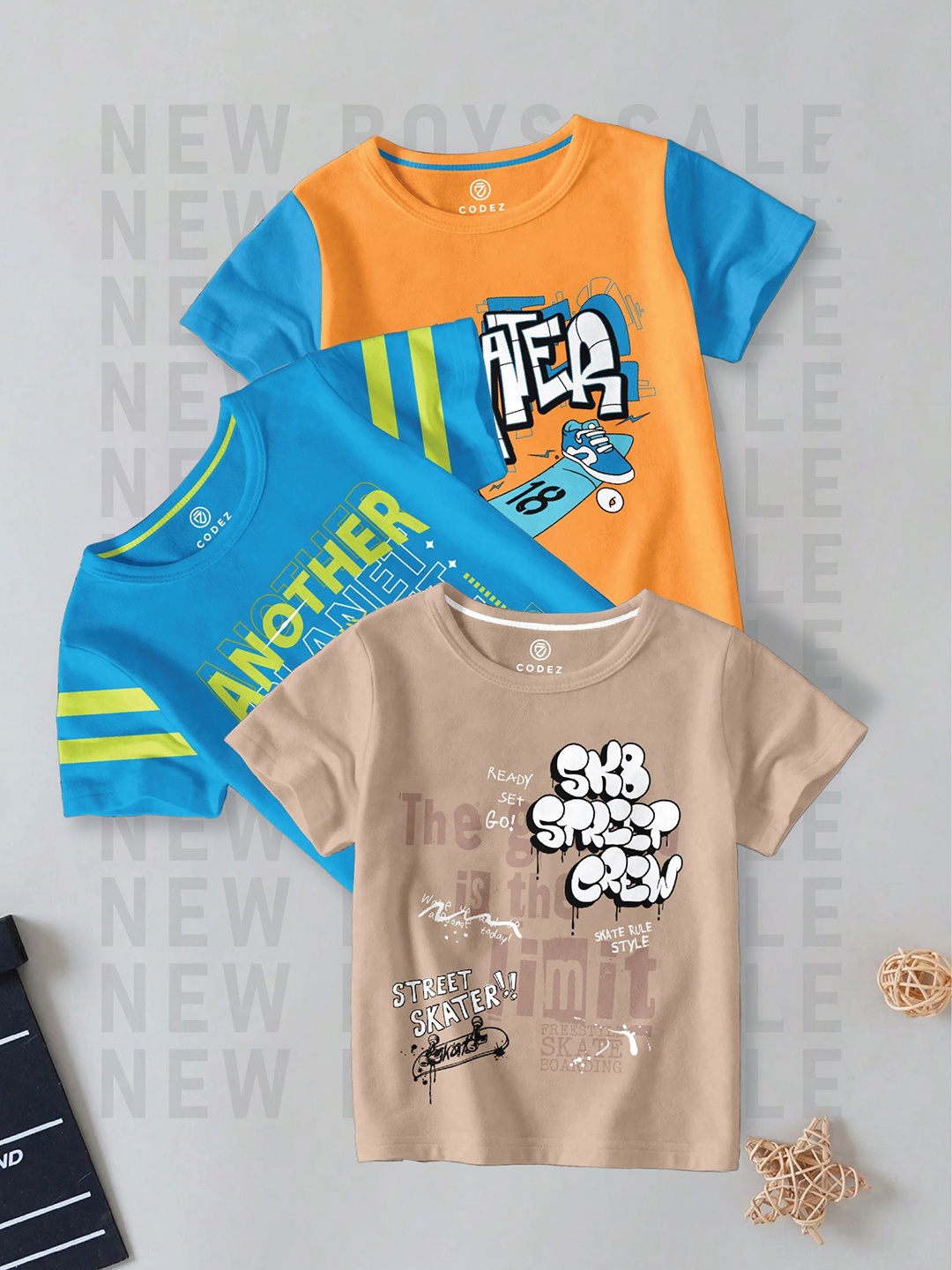 

CODEZ Boys Pack Of 3 Typography Printed Round Neck Cotton T-shirts, Cream