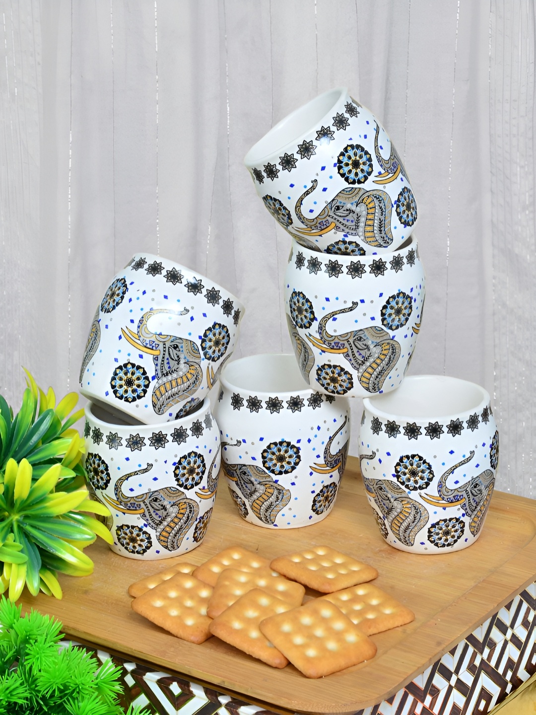 

FABINALIV White & Grey 6 Pieces Printed Ceramic Glossy Kulladhs Set of Cups and Mugs