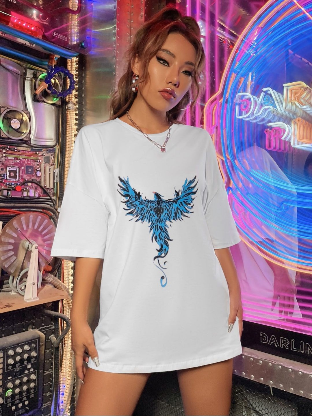 

REVEXO Women Graphic Printed Round Neck Cotton Oversized T-shirt, White