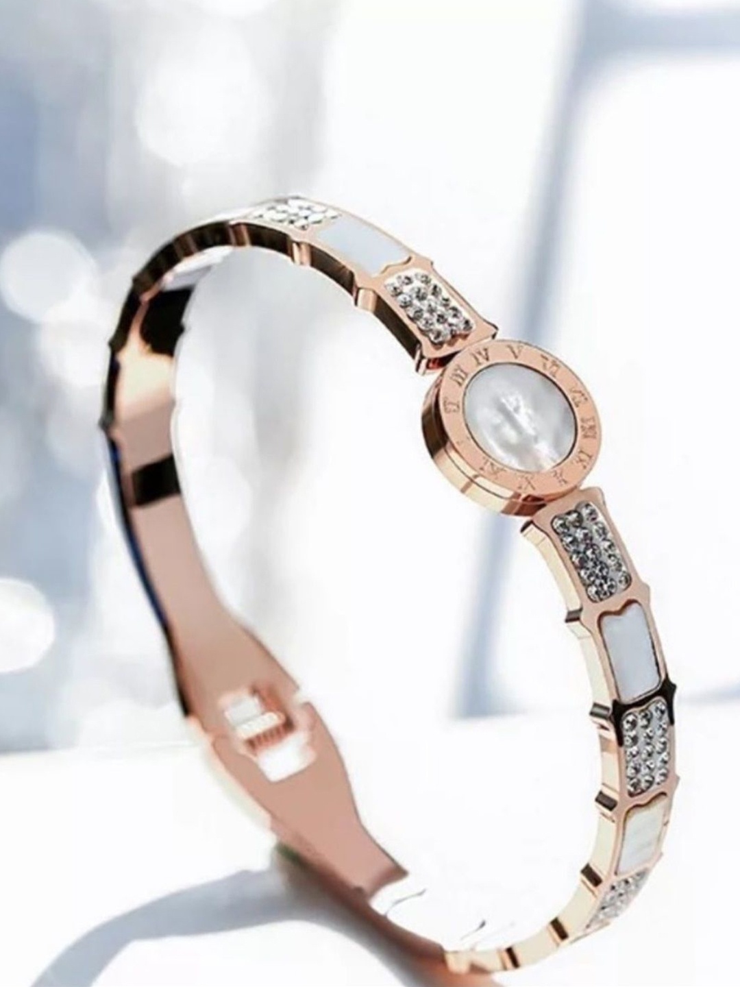 

V FASHION JEWELLERY Cubic Zirconia Studded Rose Gold-Plated Kada Bracelet