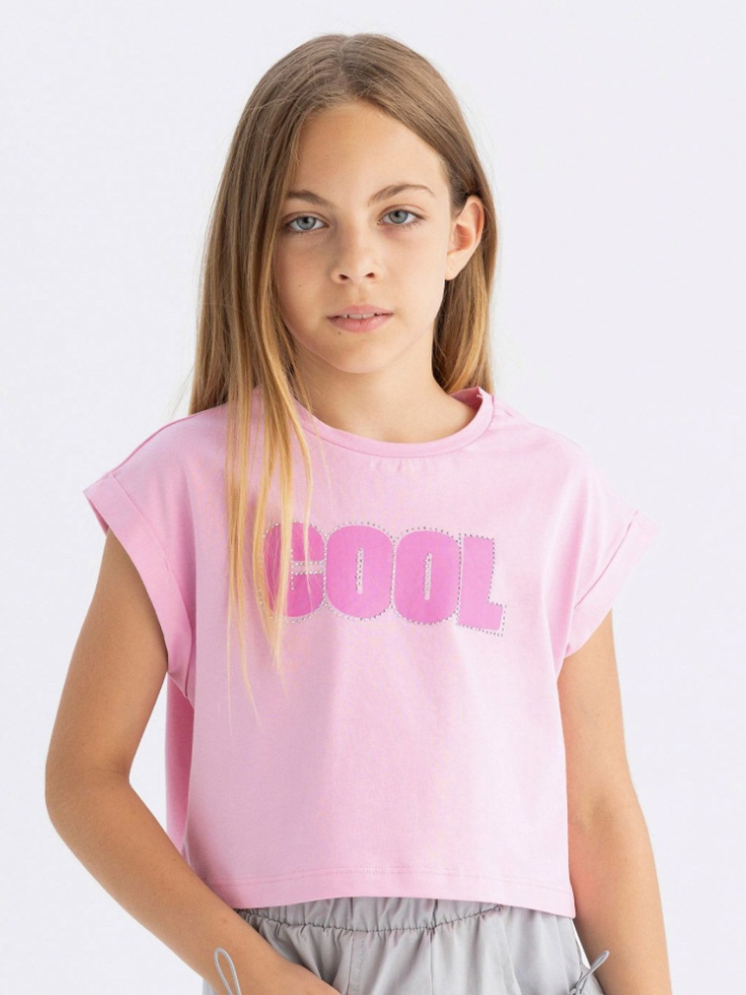 

DeFacto Girls Typography Printed Round Neck Cotton T-shirt, Pink