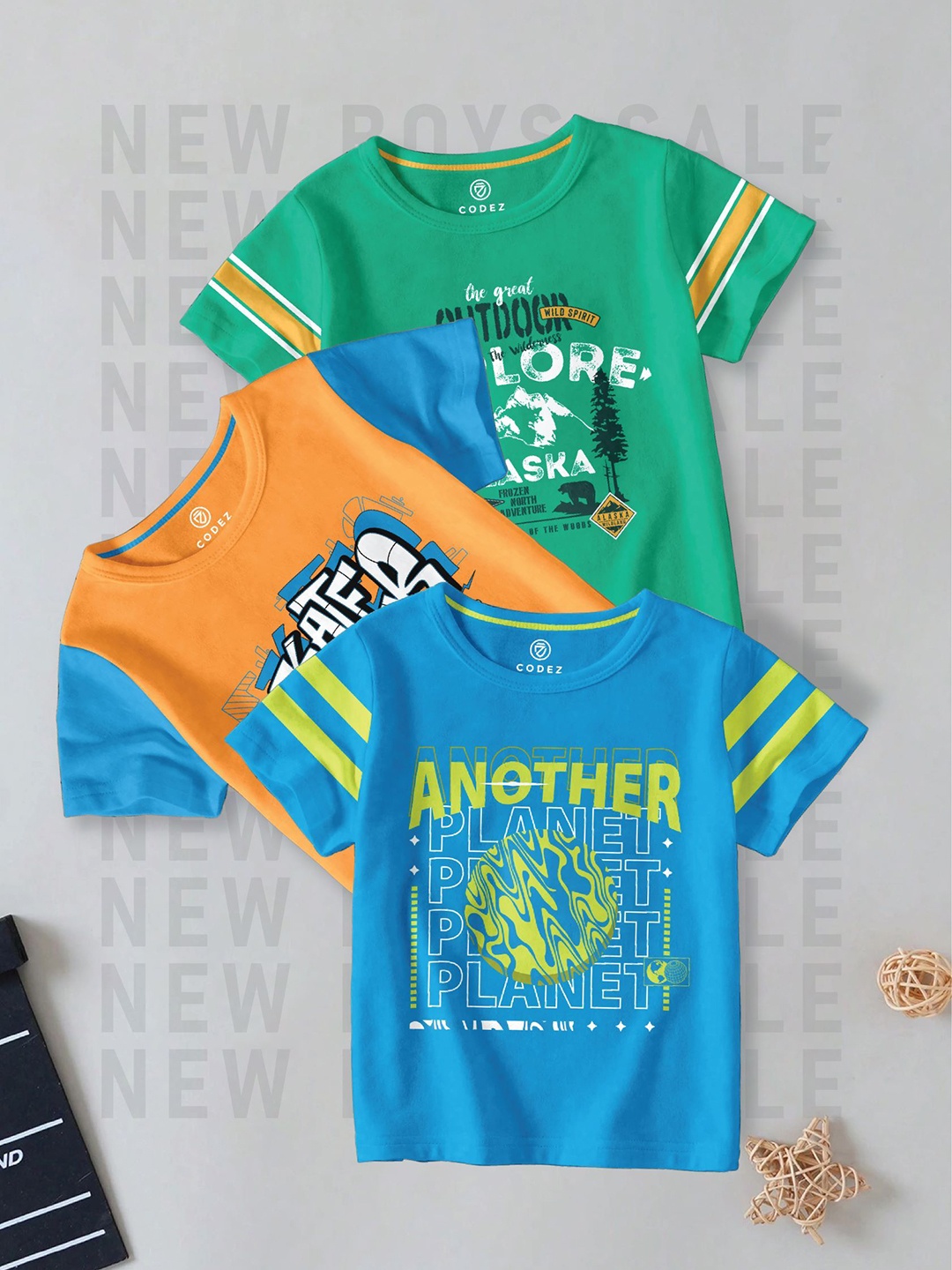 

CODEZ Boys Pack Of 3 Typography Printed Round Neck Cotton T-shirts, Green