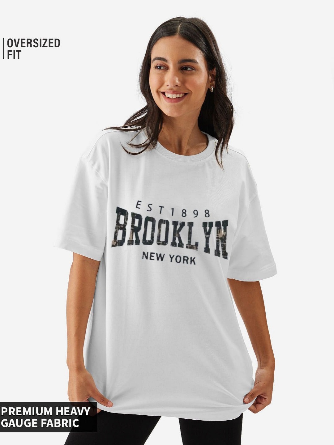 

REVEXO Women Typography Printed Round Neck Cotton Oversized T-shirt, White