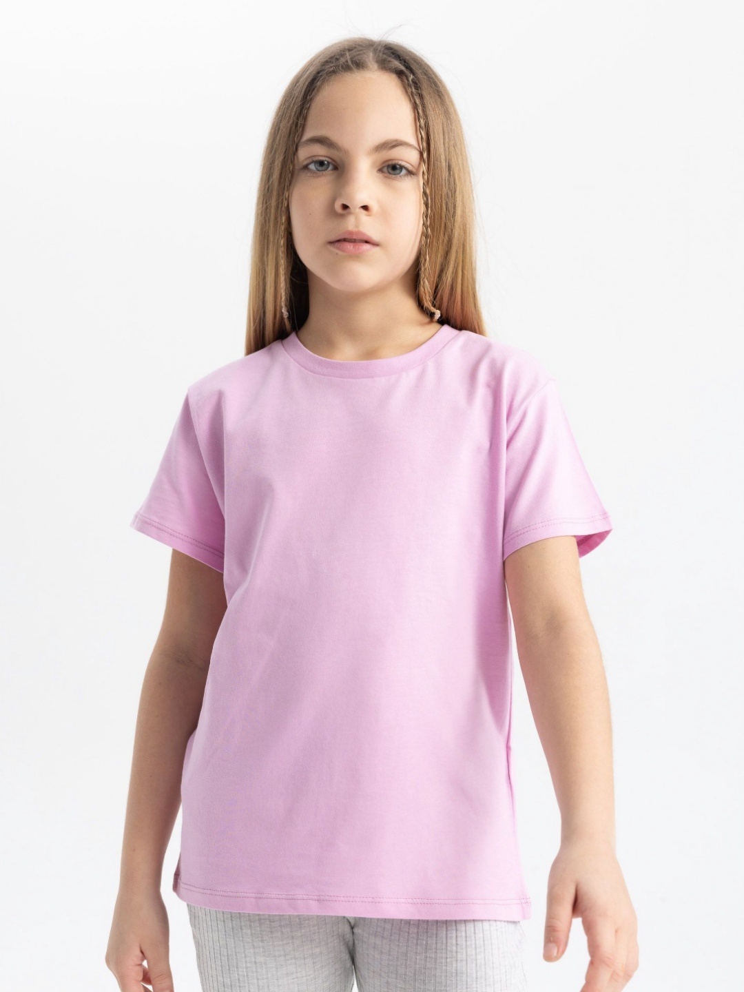 

DeFacto Girls Solid Round Neck Cotton T-shirt, Lavender