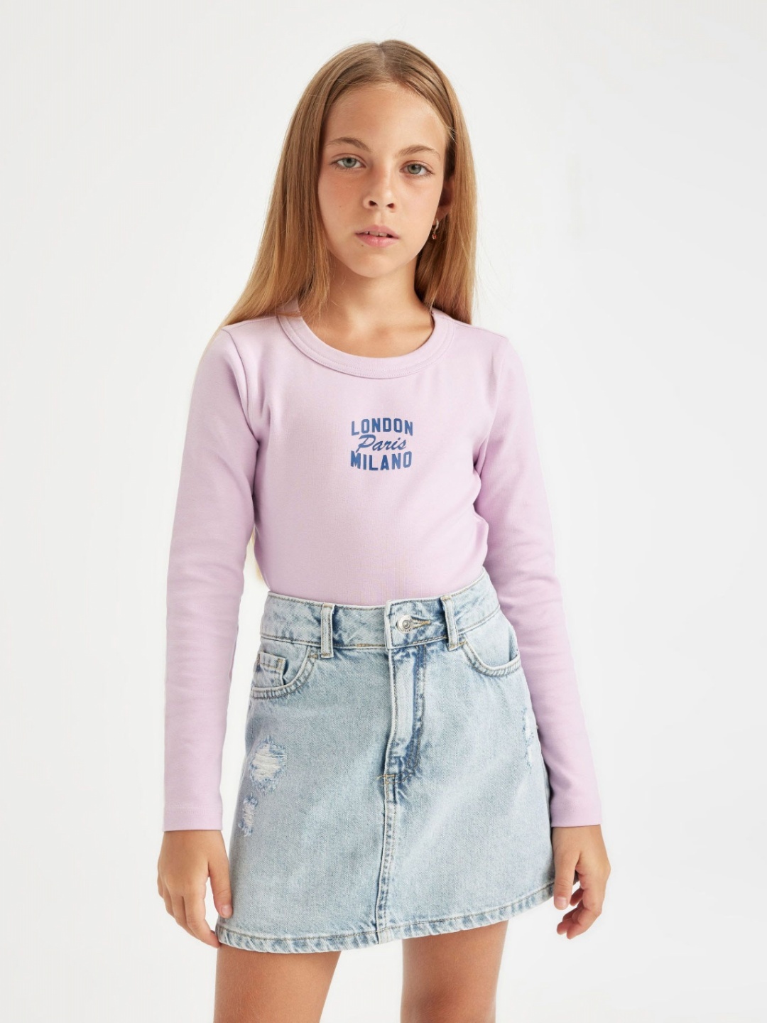 

DeFacto Girls Typography Printed Round Neck Cotton T-shirt, Lavender