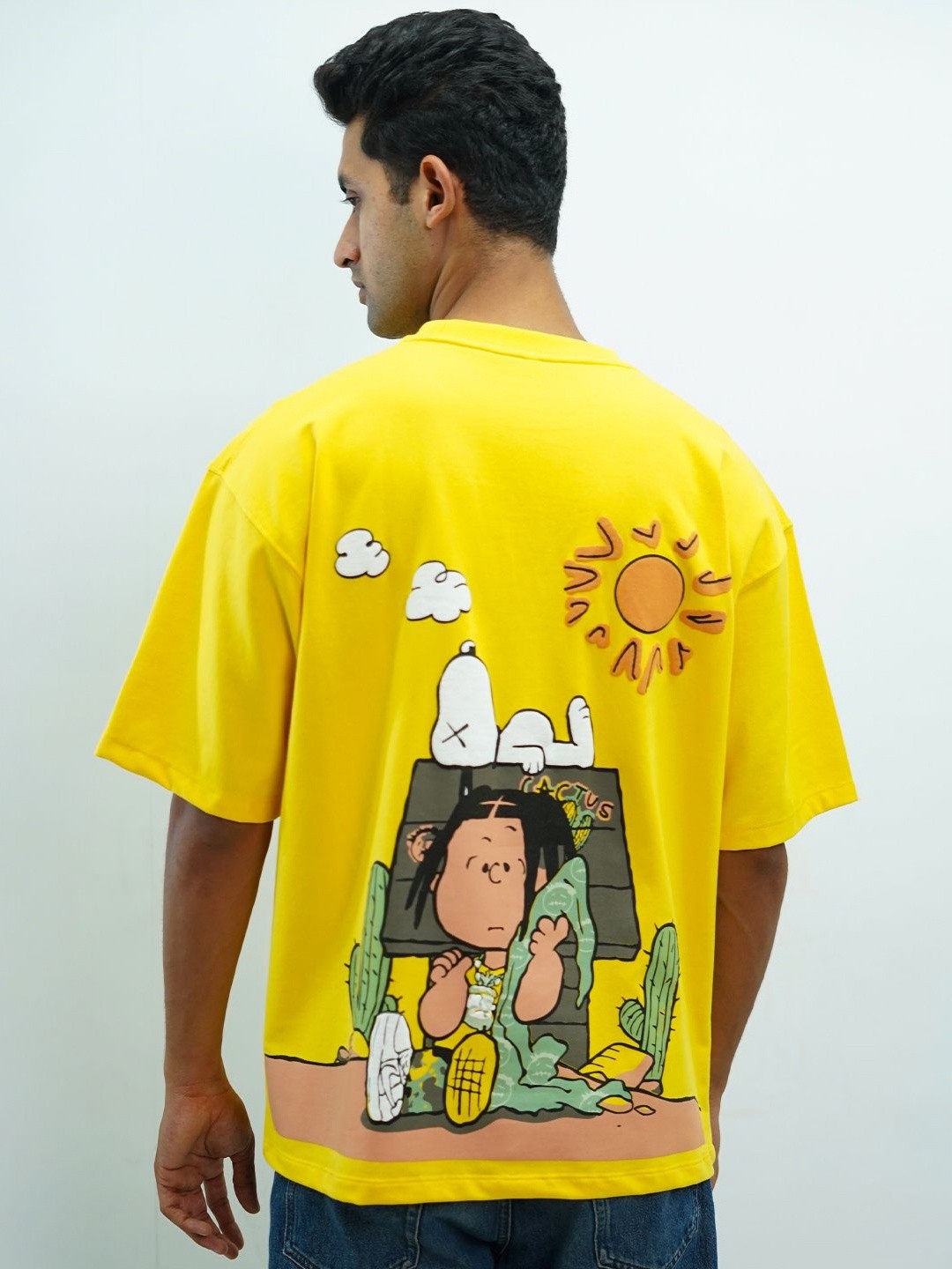 

KHAAKI Men Bio Finish Graphic Printed Round Neck Cotton Oversized T-shirt, Yellow