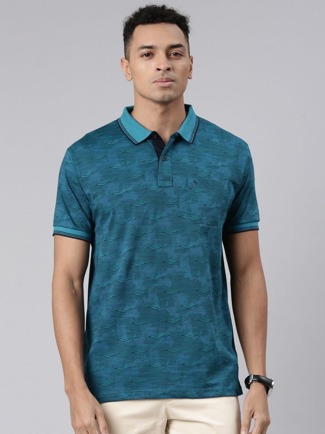 

Classic Polo Men Abstract Printed Polo Collar Cotton Slim Fit T-shirt, Teal