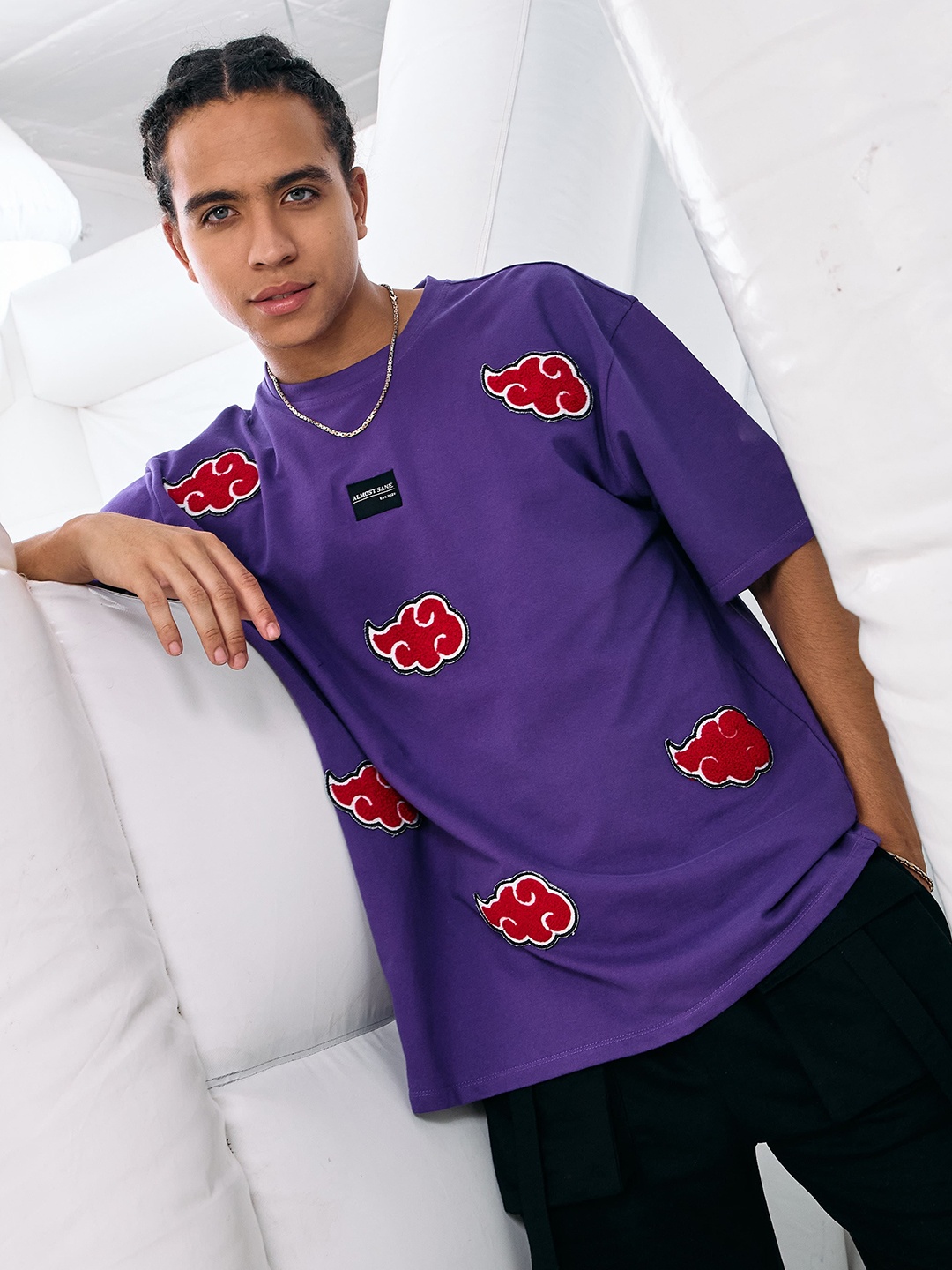 

ALMOST SANE Men Conversational Printed Round Neck Cotton Oversized T-shirt, Purple