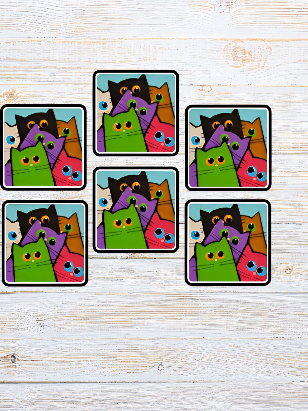 

Home Delight Green & Black 6 Pieces Cats Printed Square Wooden Coasters