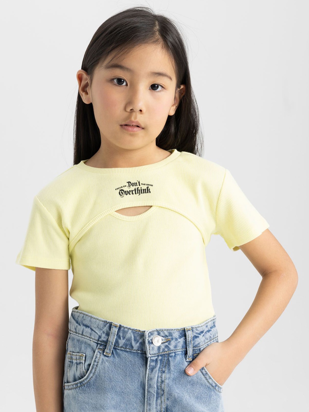 

DeFacto Girls Typography Printed Round Neck Cotton T-shirt, Yellow
