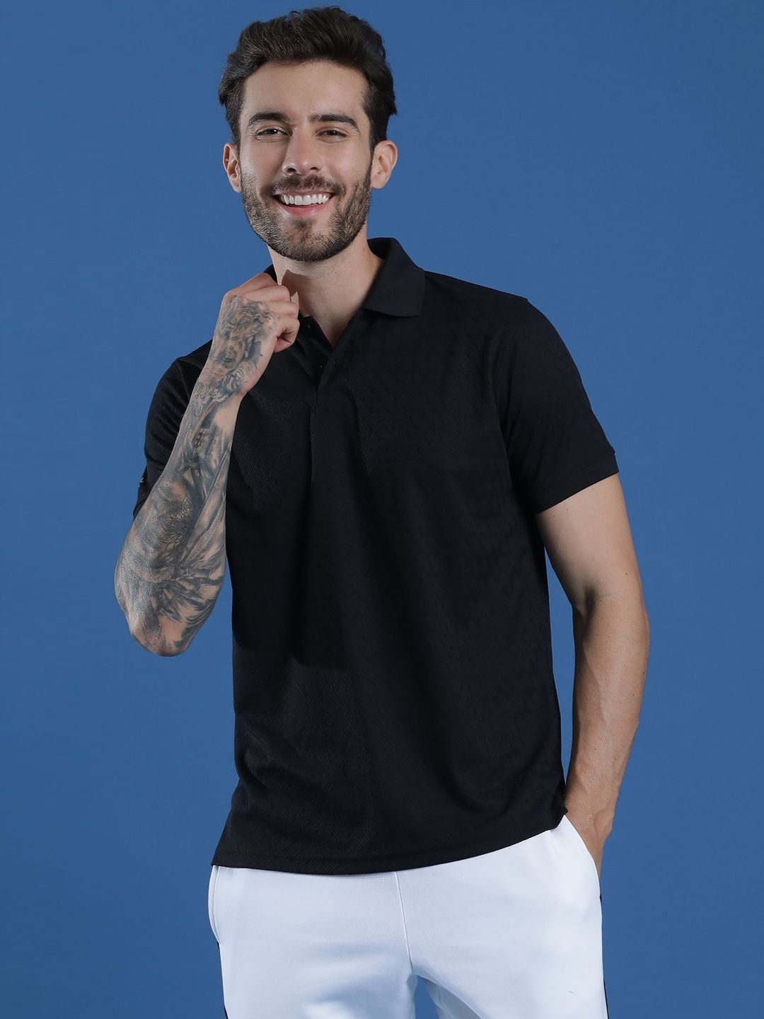 

EPPE Men Dry Fit Self Design Polo Collar T-shirt, Black