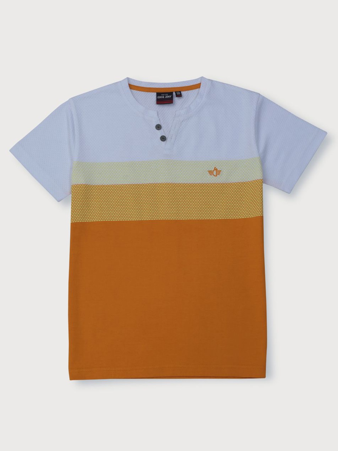 

Gini and Jony Boys Colourblocked Henley Neck Cotton T-shirt, Orange