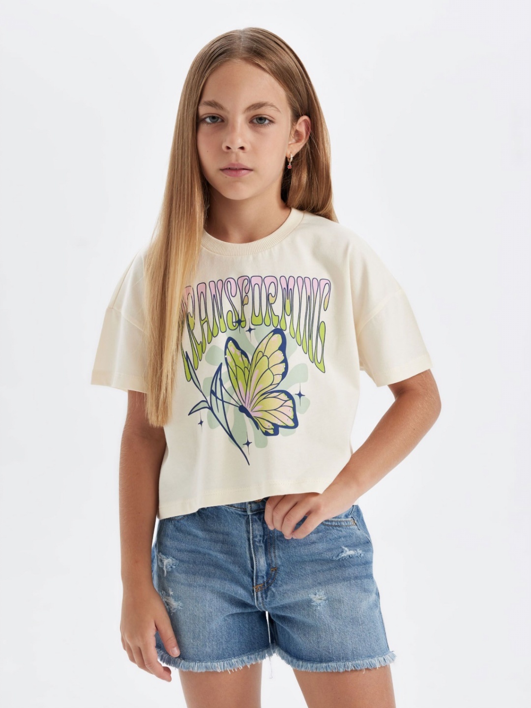 

DeFacto Girls Printed Raw Edge T-shirt, Na