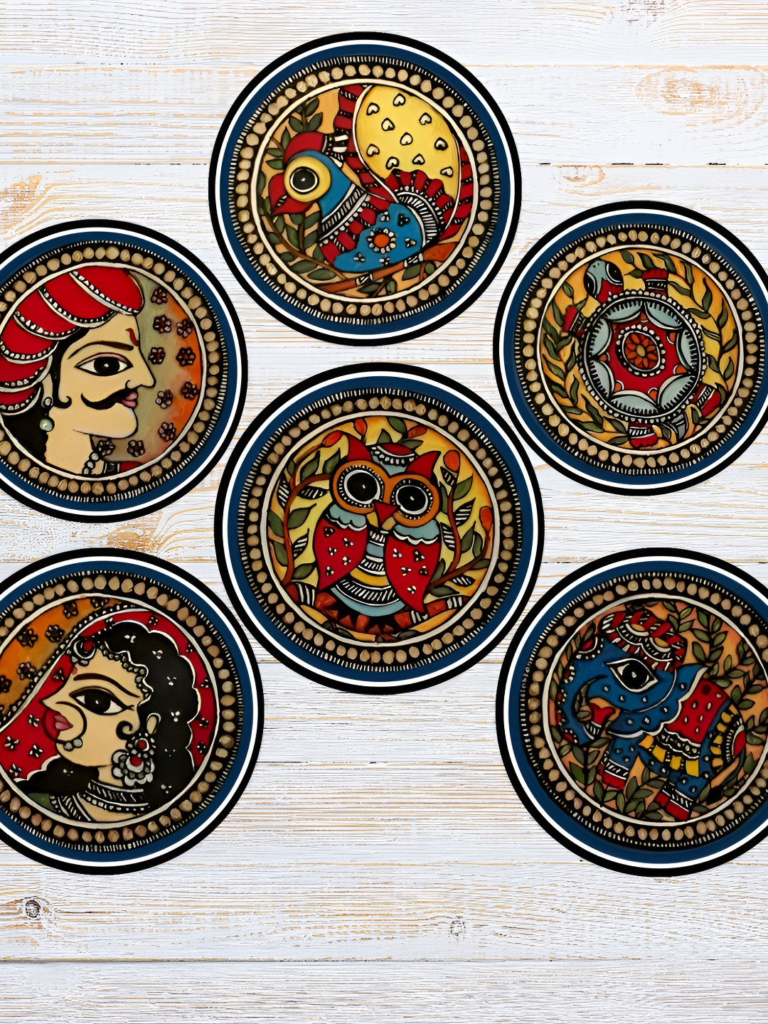 

Home Delight Red & Navy Blue 6 Pieces Mithila ArtPrinted Wooden Coasters