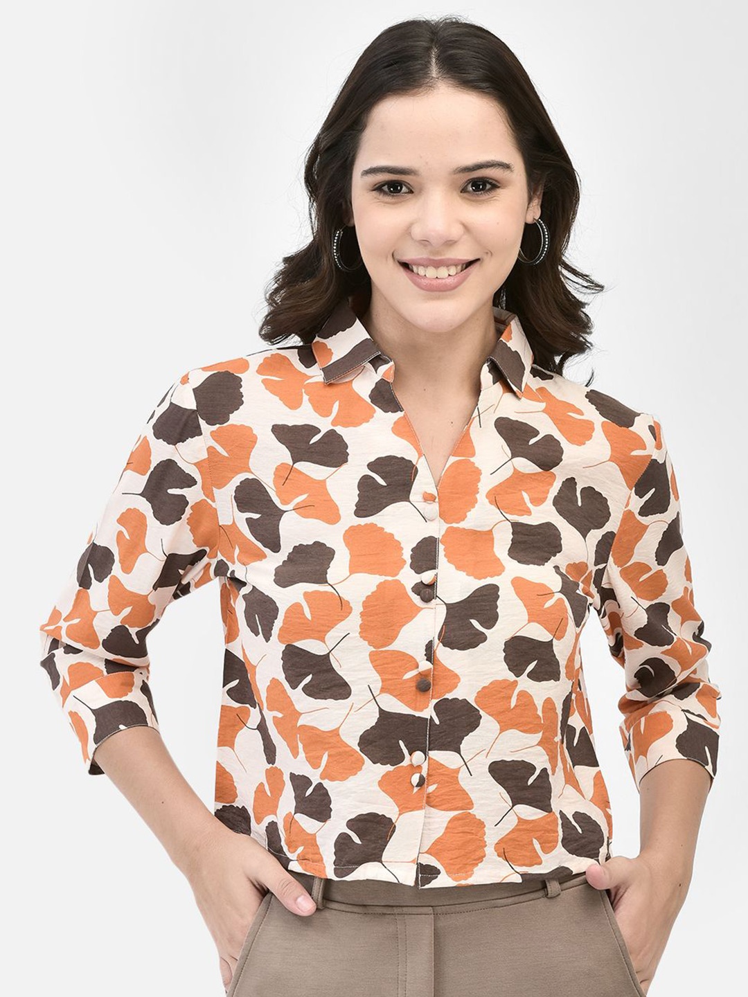 

FUTURO Women Floral Printed Shirt Collar Top, Orange