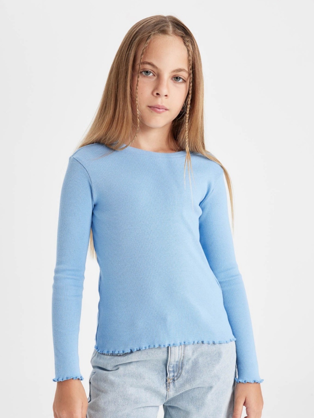 

DeFacto Girls Solid Round Neck Cotton T-shirt, Blue