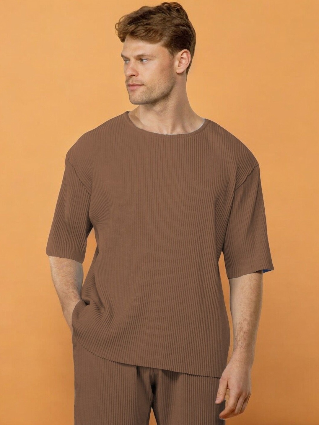 

Genzy Men Cotton Round Neck Drop-Shoulder Sleeves T-shirt, Brown