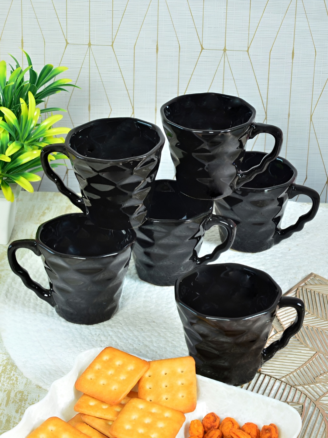 

FABINALIV Black 6 Pieces Textured Ceramic Glossy Cups