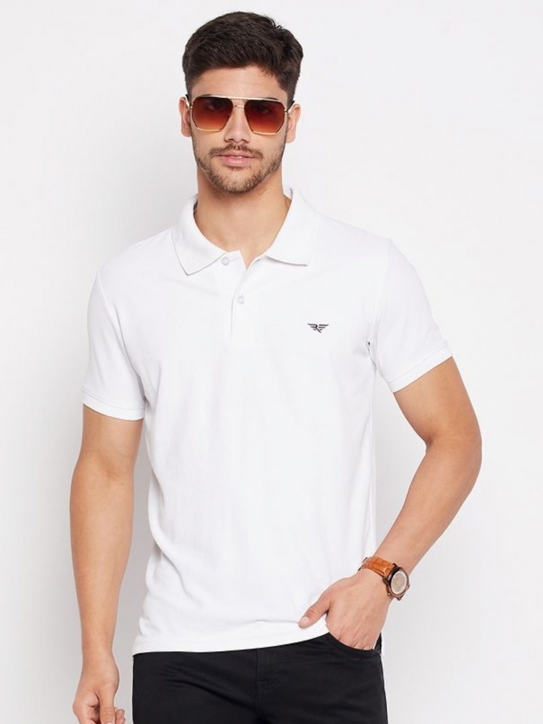 

RISS Men Solid Polo Collar Cotton T-shirt, White