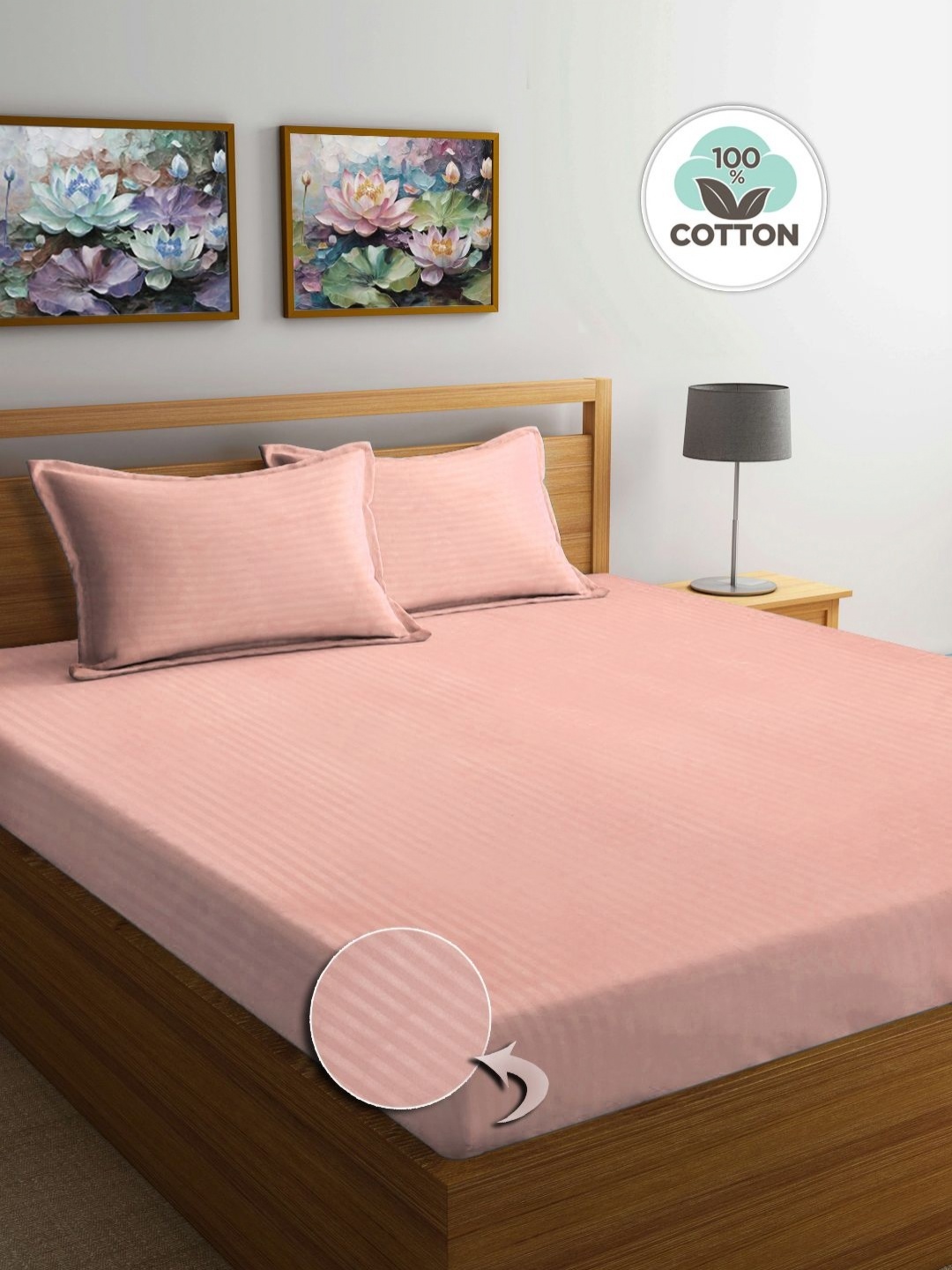 

FABINALIV Peach-Coloured Striped Print Cotton Super King Size Bedsheet & 2 Pillow Covers
