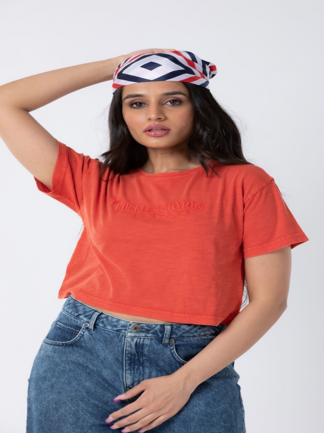 

PURPLE POTATO Women Brand Logo Printed Round Neck Cotton Boxy T-shirt, Red