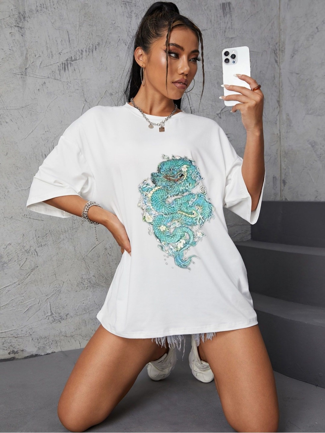 

REVEXO Women Graphic Printed Round Neck Cotton Oversized T-shirt, White