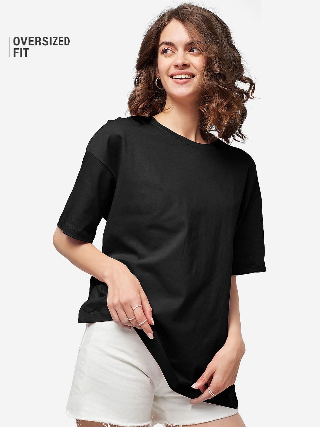 

REVEXO Women Solid Round Neck Cotton Oversized T-shirt, Black