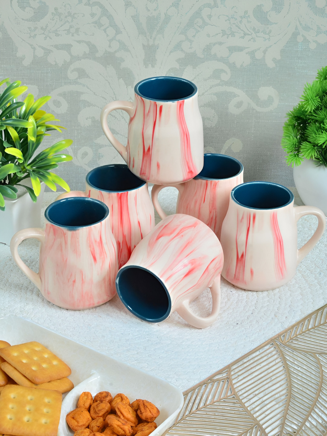 

FABINALIV Blue & White 6 Pieces Printed Ceramic Matte Cups and Mugs