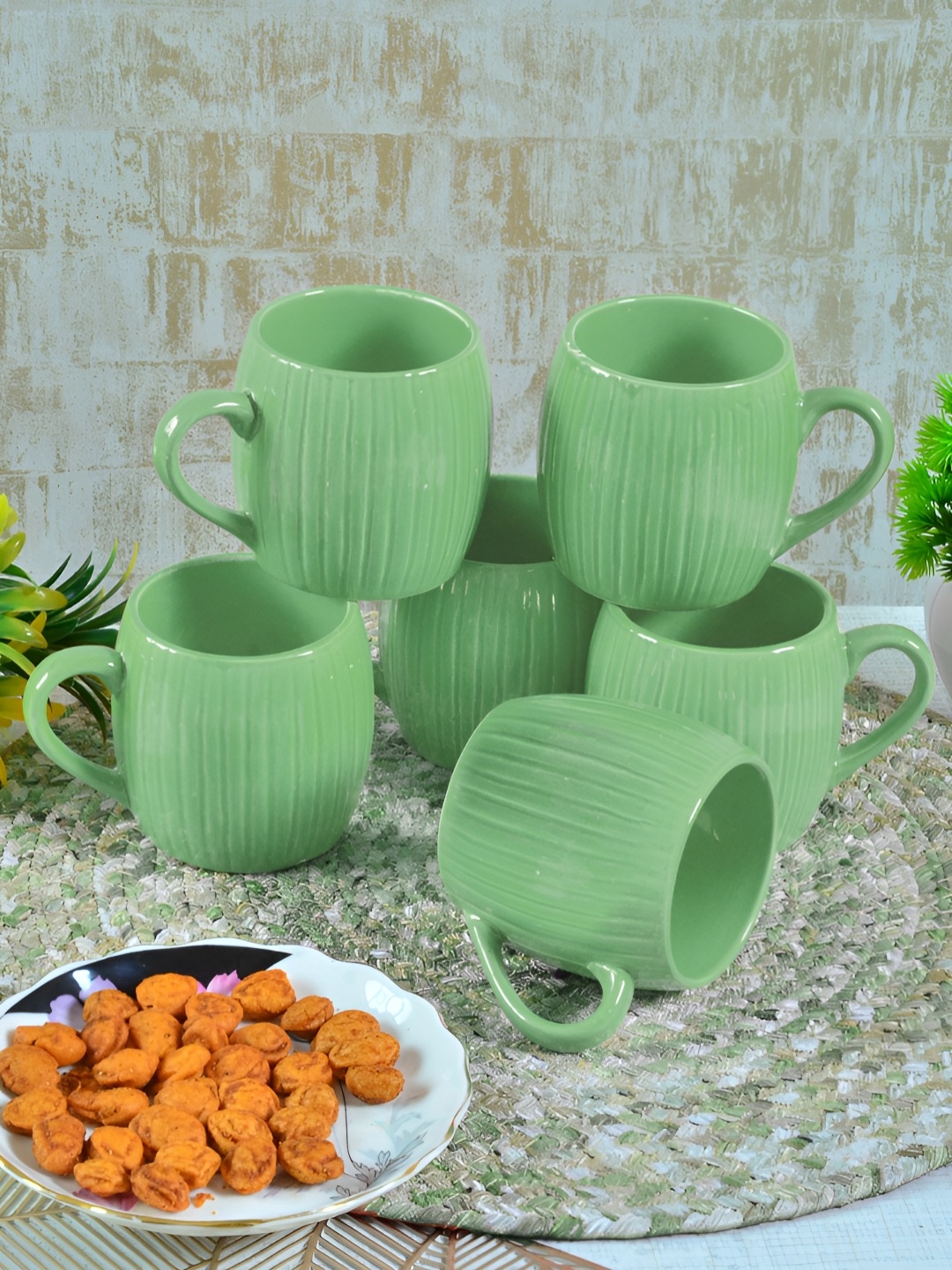 

FABINALIV Green Textured Ceramic Glossy Cups Set of Cups and Mugs
