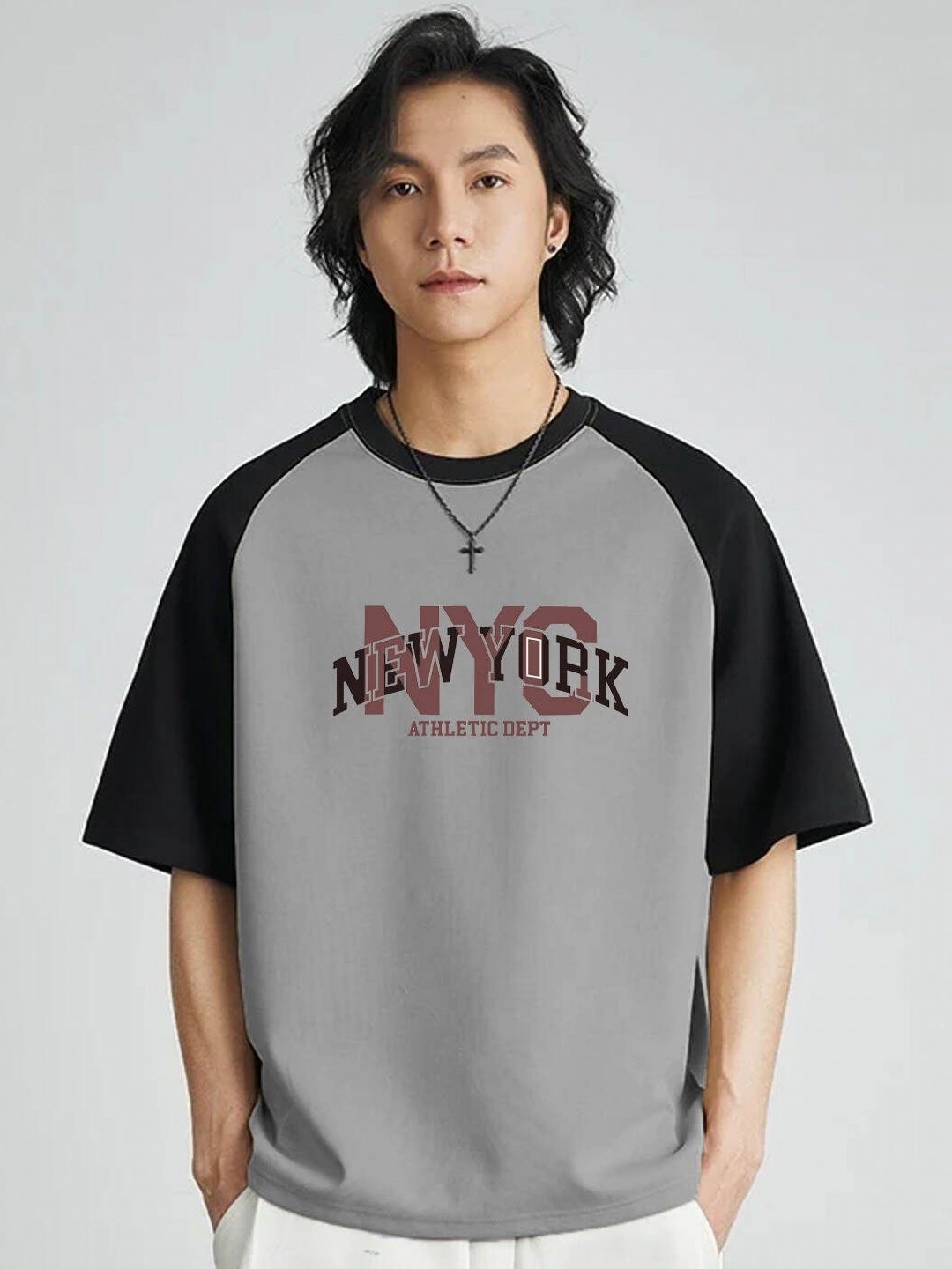 

Genzy Men Colourblocked Round Neck Cotton Oversized T-shirt, Grey