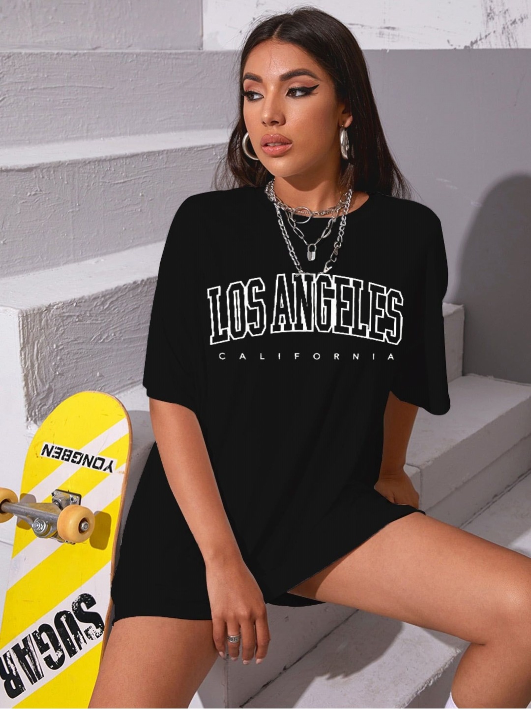 

REVEXO Women Typography Printed Applique T-shirt, Black