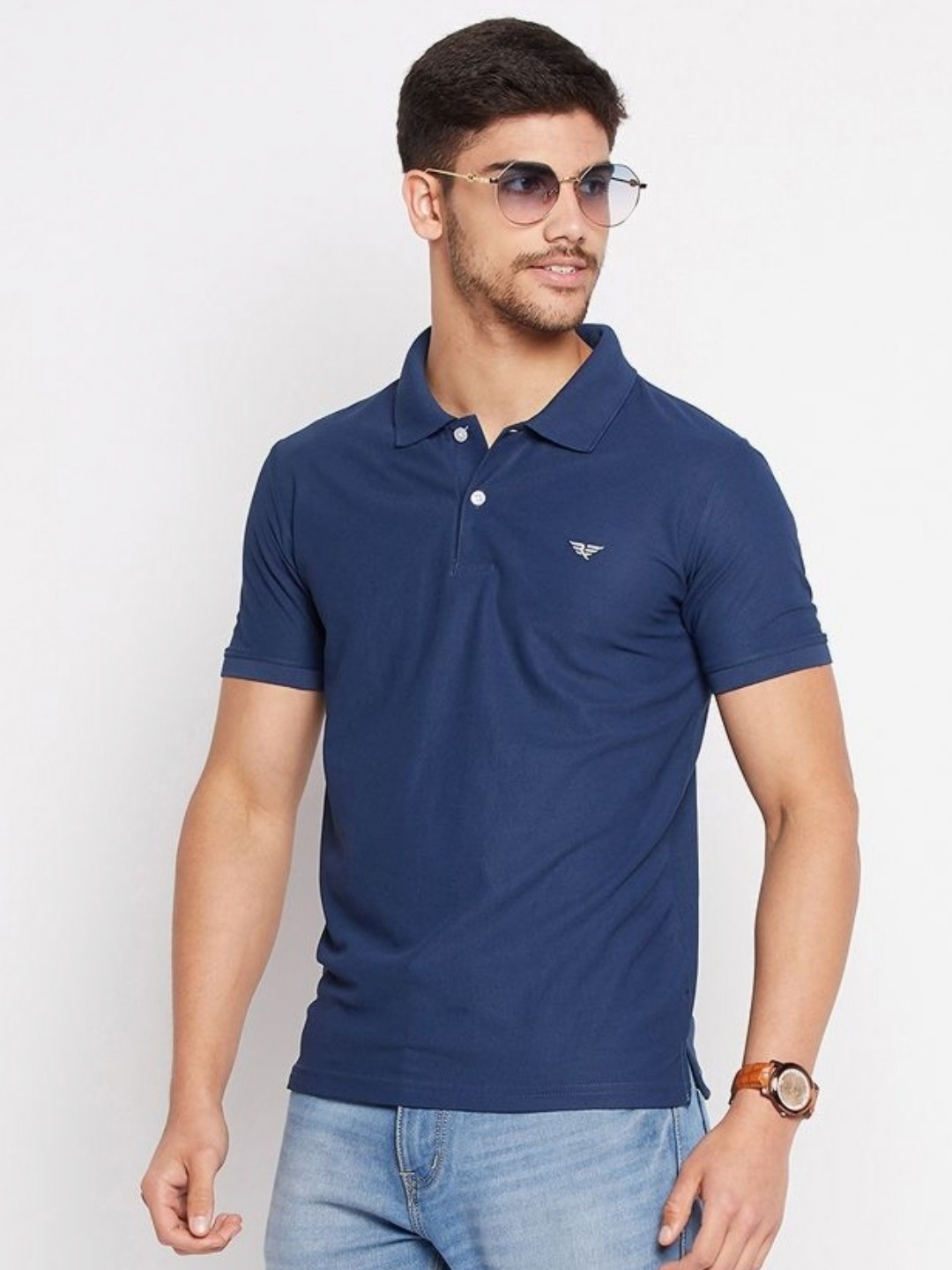 

RISS Men Solid Polo Collar Cotton T-shirt, Navy blue