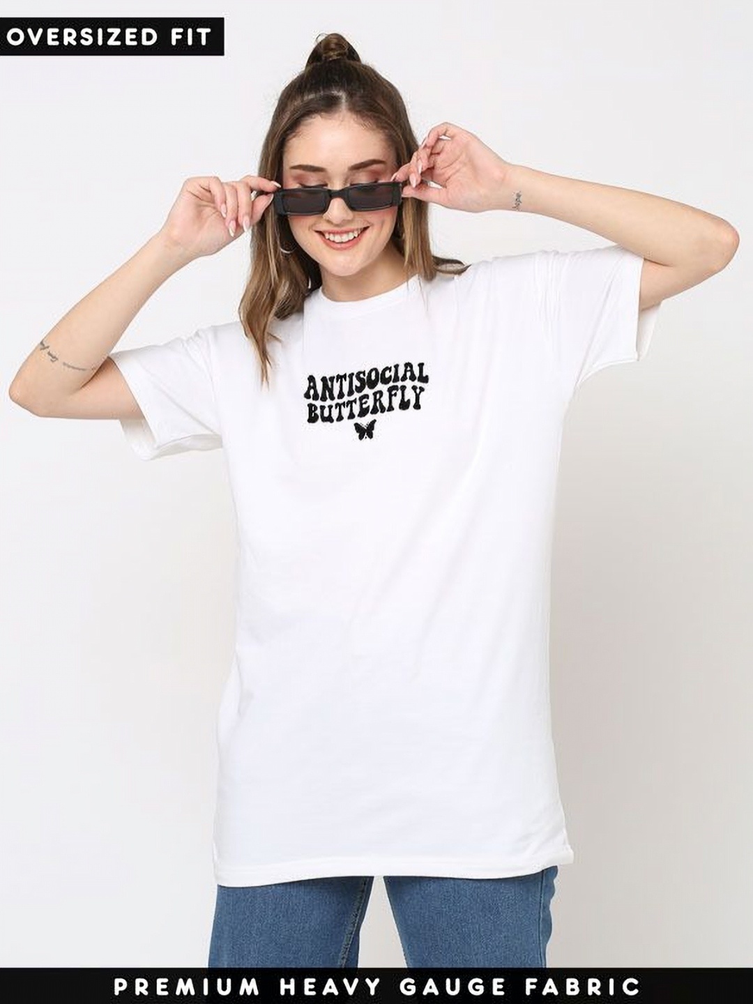 

REVEXO Women Typography Printed Round Neck Cotton Oversized T-shirt, White
