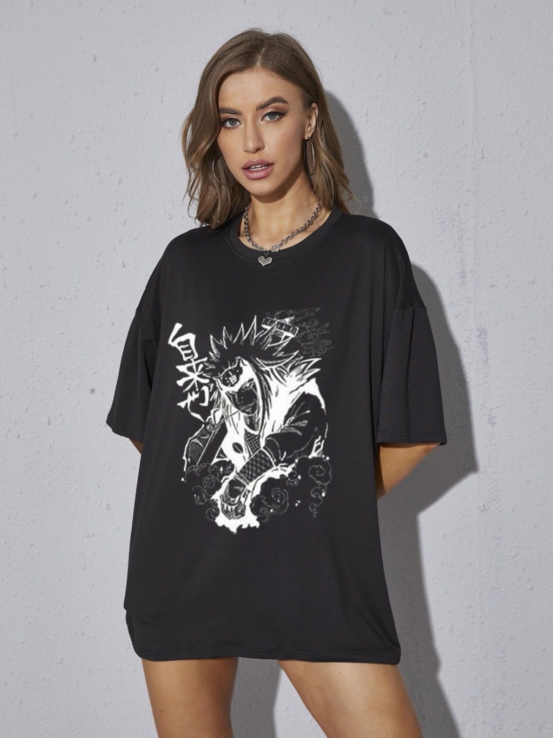 

REVEXO Women Graphic Printed Round Neck Cotton Oversized T-shirt, Black