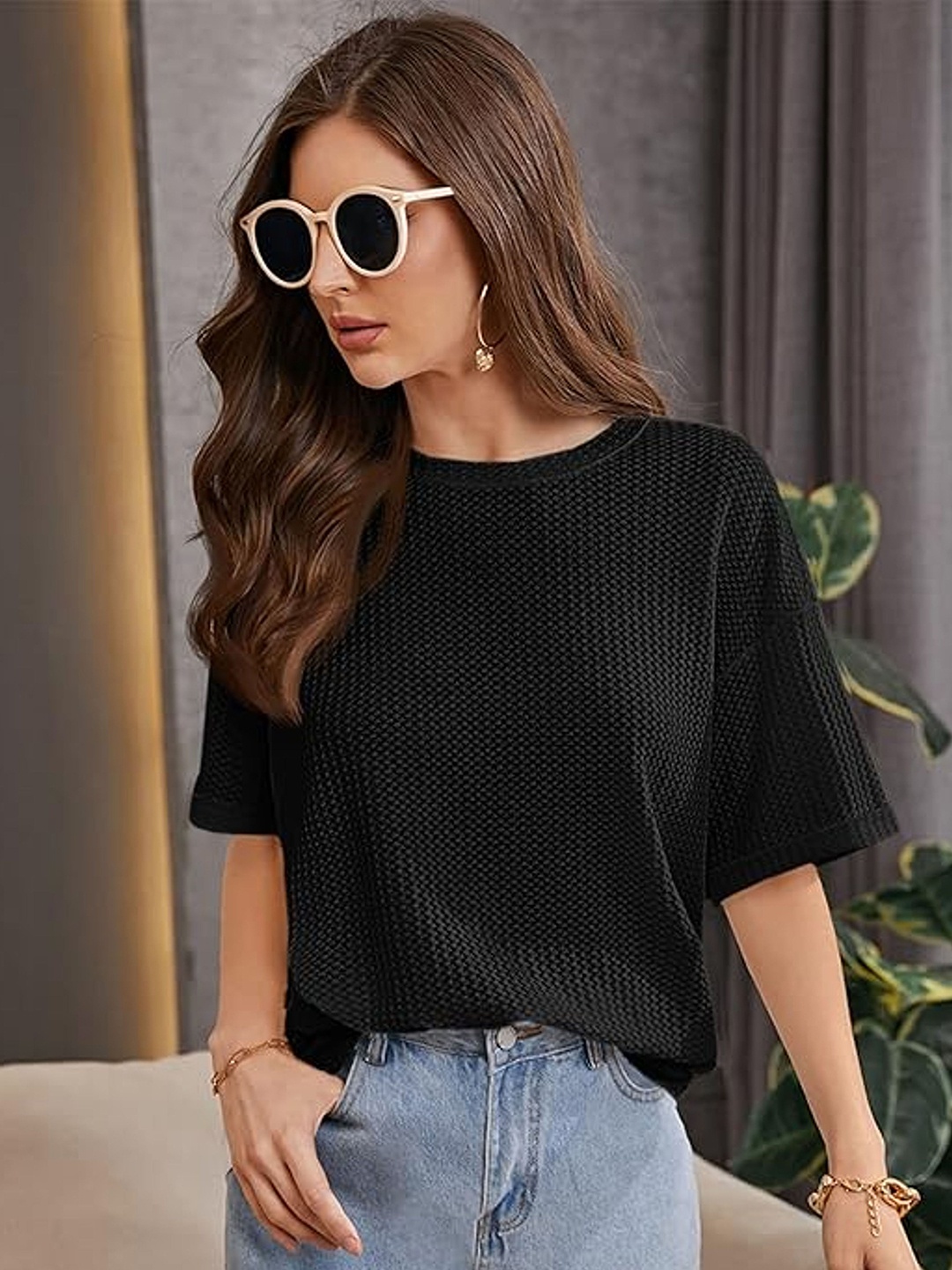 

KALINI Women Solid Round Neck Cotton T-shirt, Black