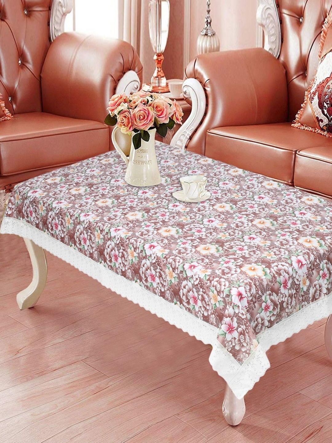 

LooMantha Brown & White Floral Printed 4 Seater Table Cover