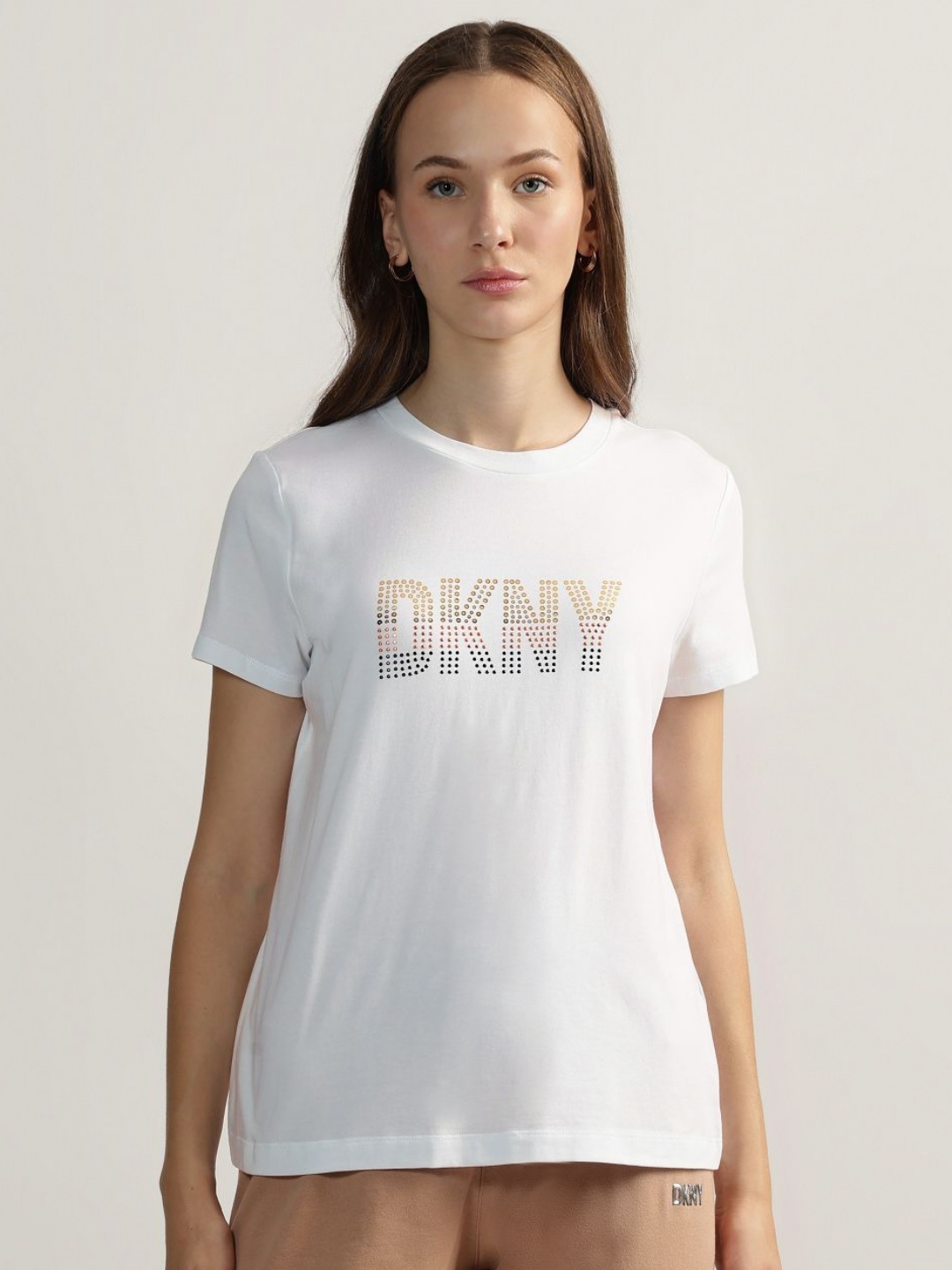 

DKNY Women Solid Round Neck Cotton T-shirt, White