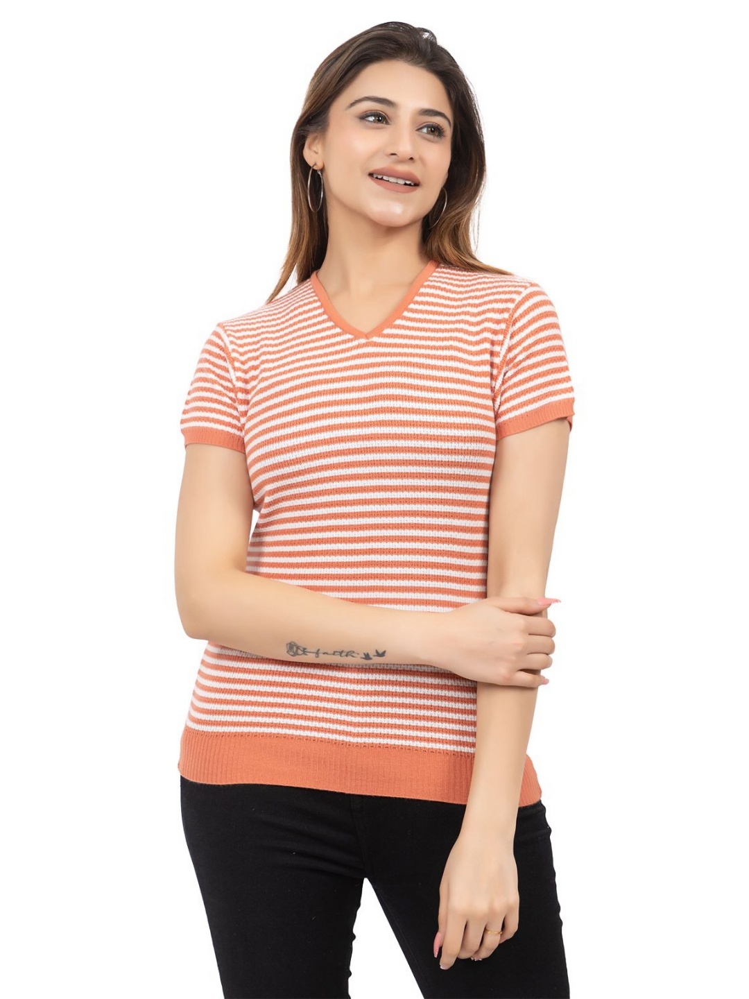 

LEZA Women Striped V-Neck Cotton Slim Fit T-shirt, White