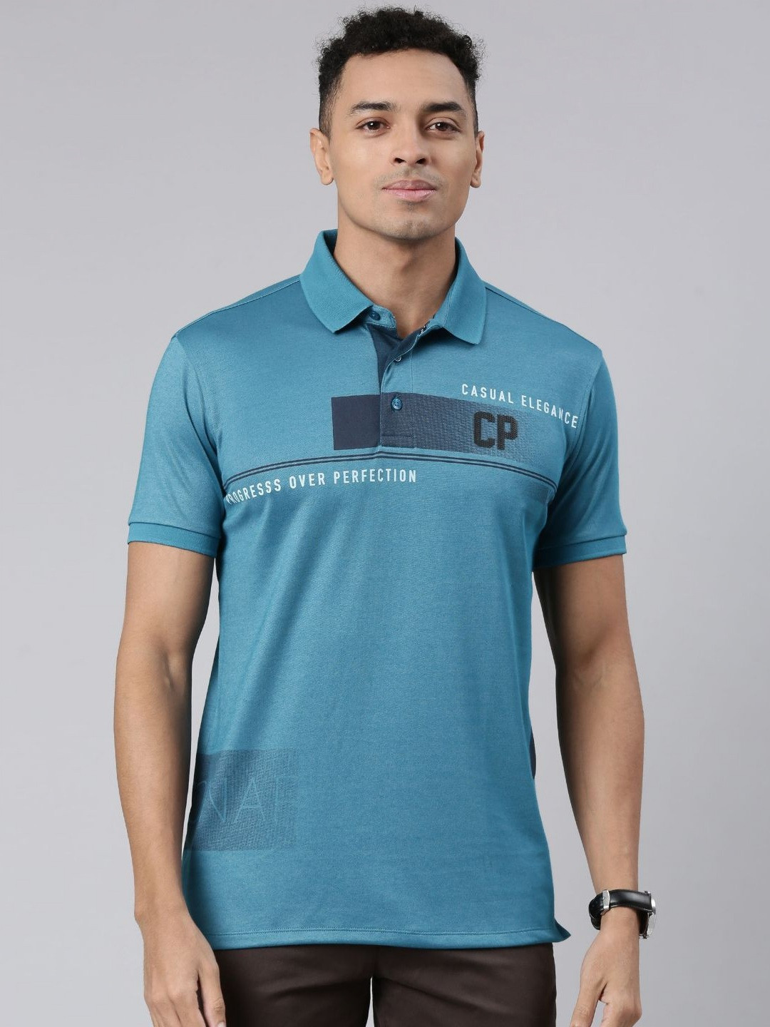 

Classic Polo Men Typography Printed Polo Collar Cotton Slim Fit T-shirt, Teal