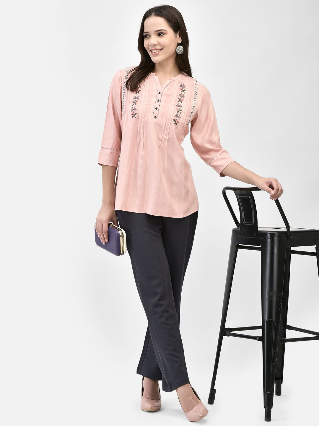 

FUTURO Women Solid Mandarin Collar Top, Peach