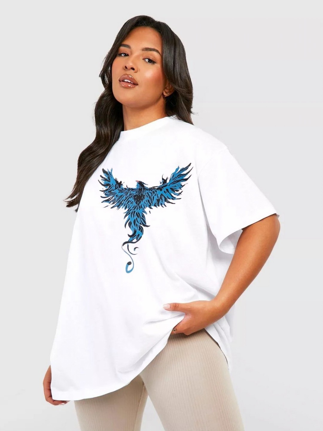 

REVEXO Women Graphic Printed Round Neck Cotton Oversized T-shirt, White