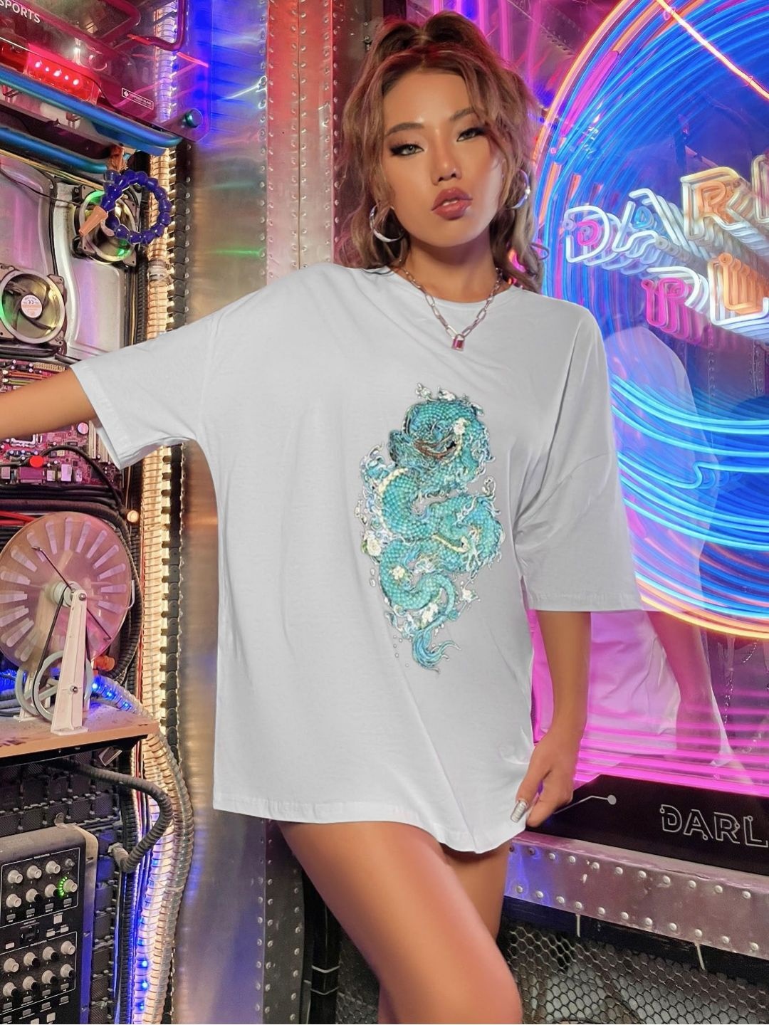

REVEXO Women Graphic Printed Round Neck Cotton Oversized T-shirt, White