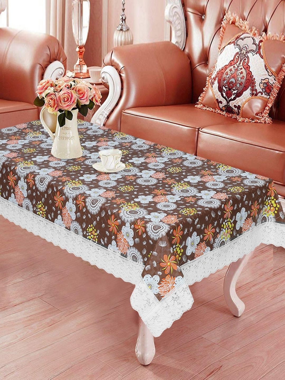 

LooMantha Brown & White Floral Printed 4 Seater Table Cover