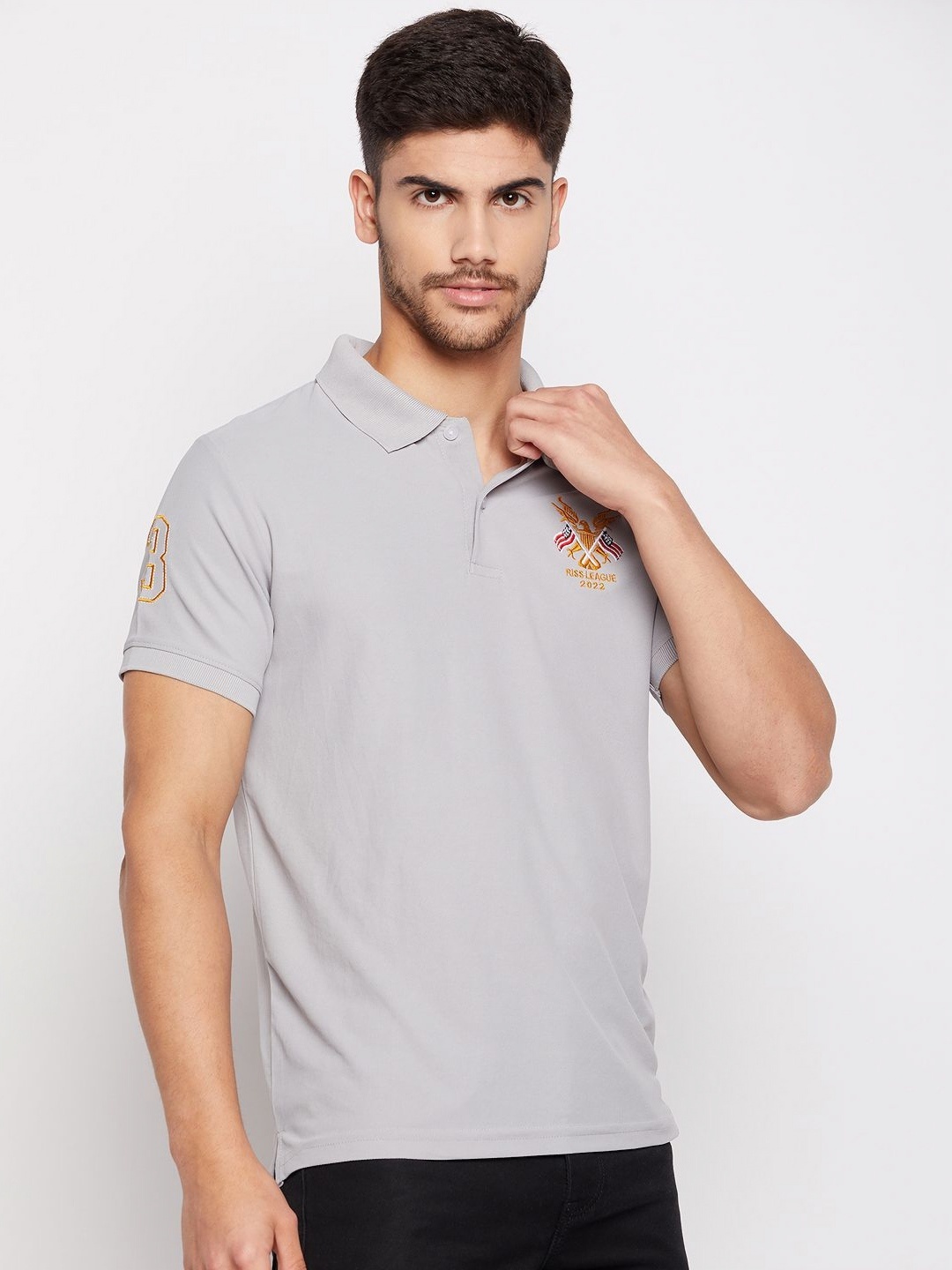 

RISS Men Solid Polo Collar Cotton T-shirt, Grey