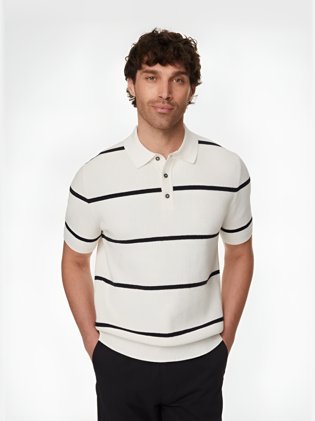 

Marks & Spencer Men Striped Polo Collar Cotton T-Shirt, Off white